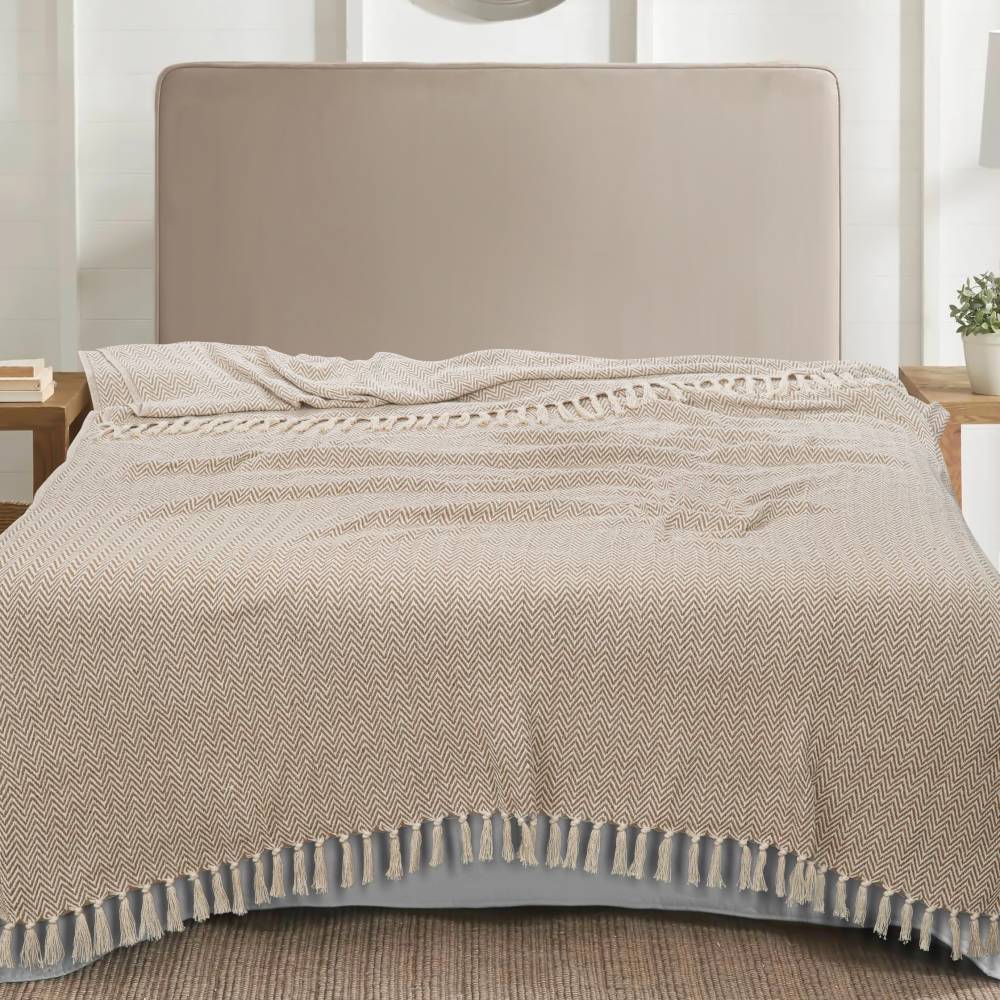 EHC Cotton Zig Zag Handwoven Single Bed or Armchair Throw - Beige