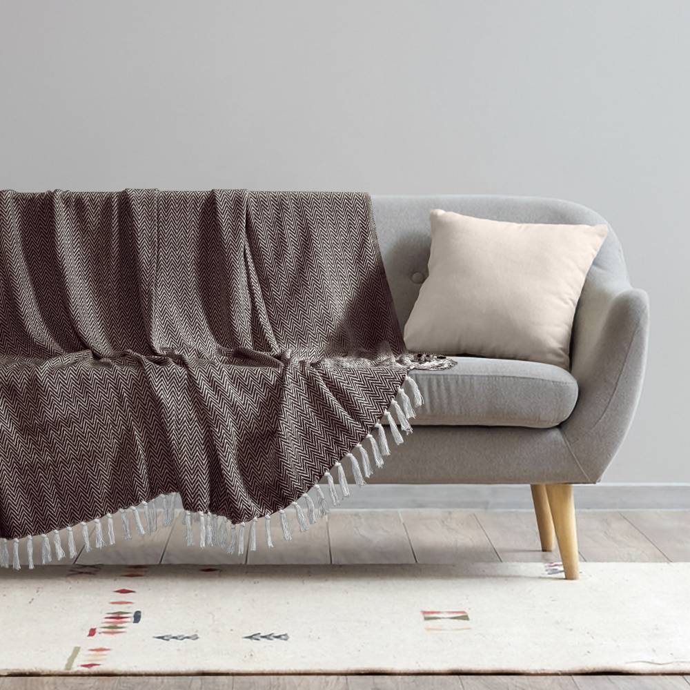 EHC Cotton Zig Zag Handwoven Single Bed or Armchair Throw - Chocolate