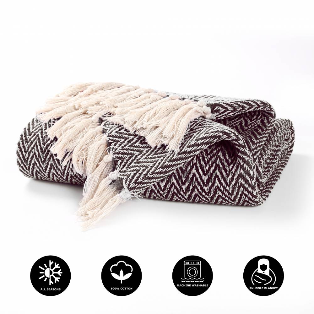 EHC Cotton Zig Zag Handwoven Single Bed or Armchair Throw - Chocolate