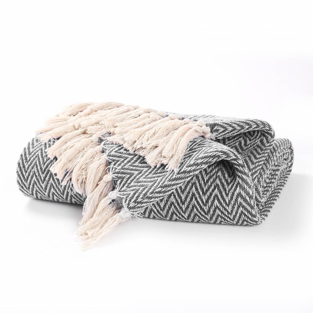 EHC Cotton Zig Zag Handwoven Single Bed or Armchair Throw - Grey