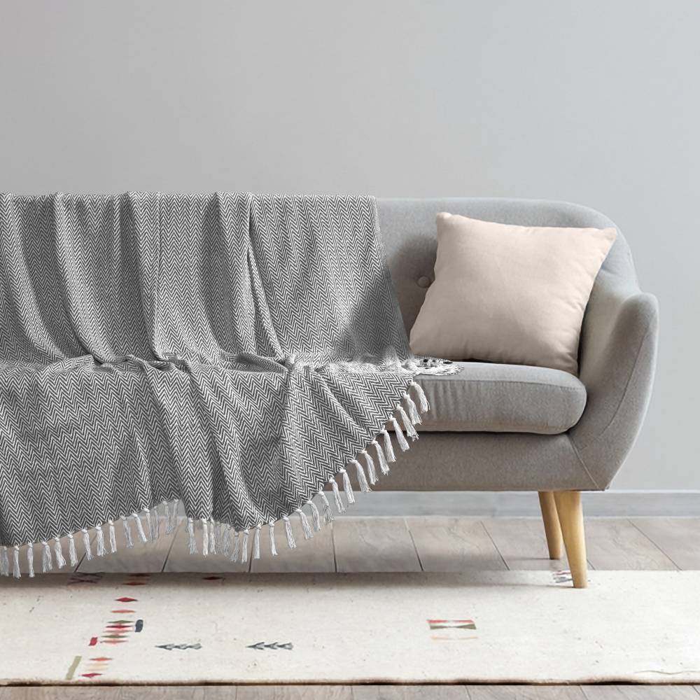 EHC Cotton Zig Zag Handwoven Single Bed or Armchair Throw - Grey