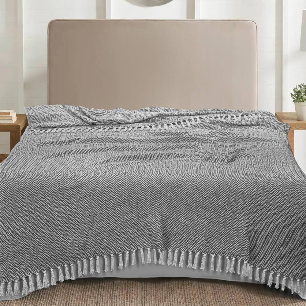 EHC Cotton Zig Zag Handwoven Single Bed or Armchair Throw - Grey