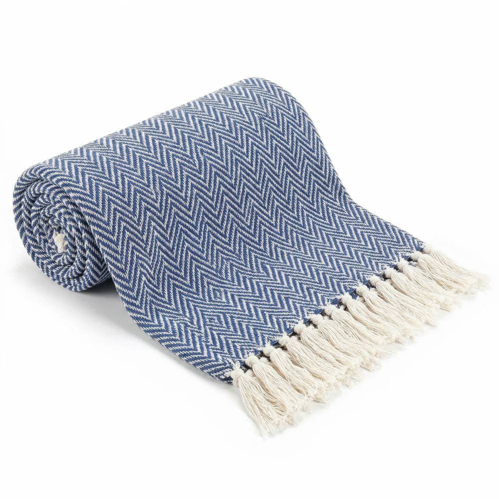 EHC Cotton Zig Zag Handwoven Single Bed or Armchair Throw - Navy Blue