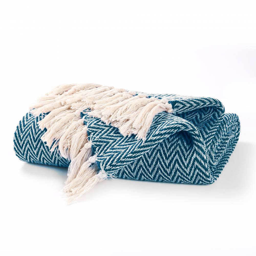 EHC Cotton Zig Zag Handwoven Single Bed or Armchair Throw - Peacock