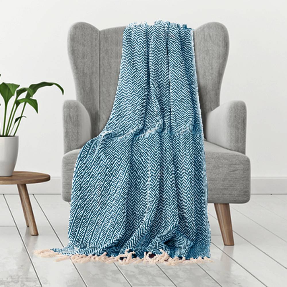 EHC Cotton Zig Zag Handwoven Single Bed or Armchair Throw - Peacock