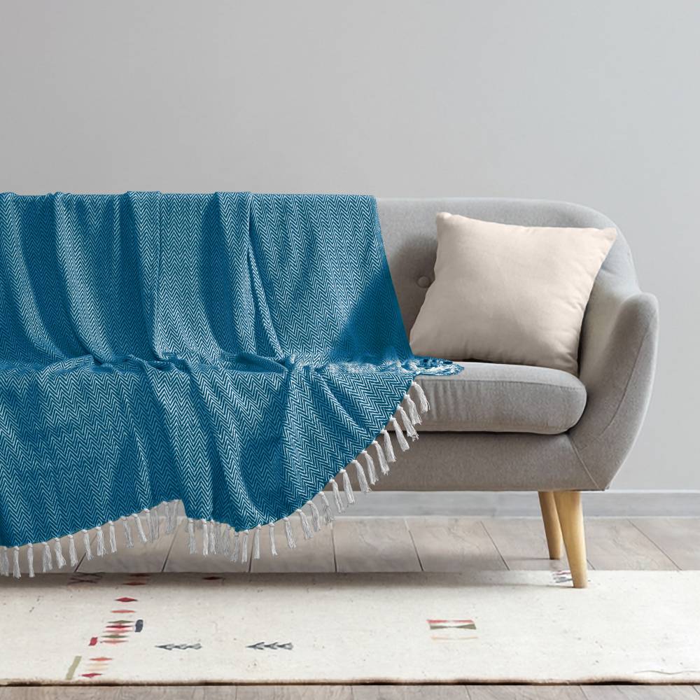 EHC Cotton Zig Zag Handwoven Single Bed or Armchair Throw - Peacock