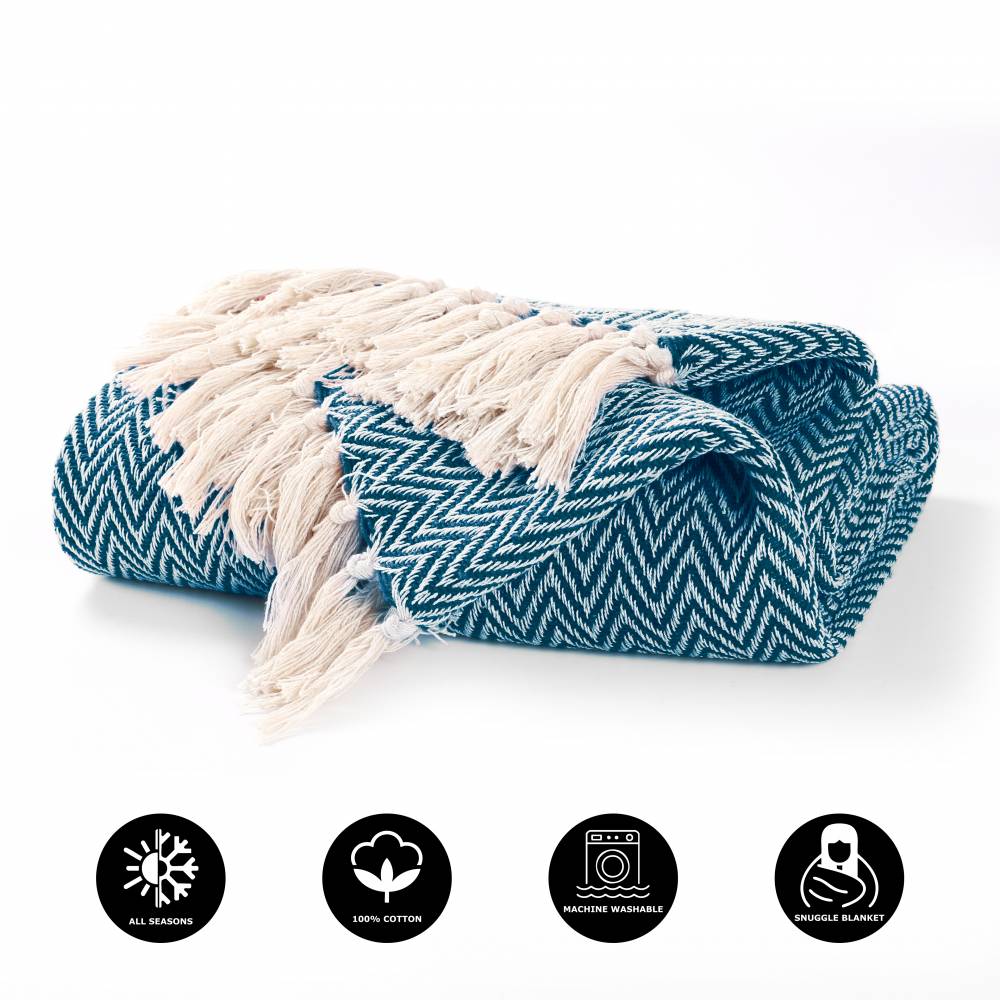 EHC Cotton Zig Zag Handwoven Single Bed or Armchair Throw - Peacock