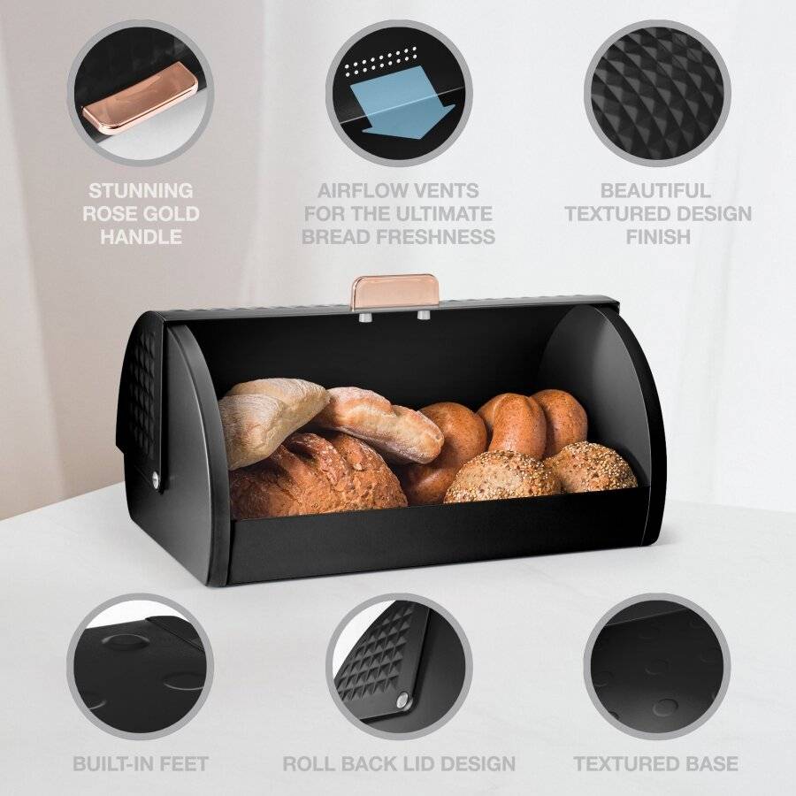 EHC Diamond Pattern Bread Storage Black Roll-Top Bread Bin