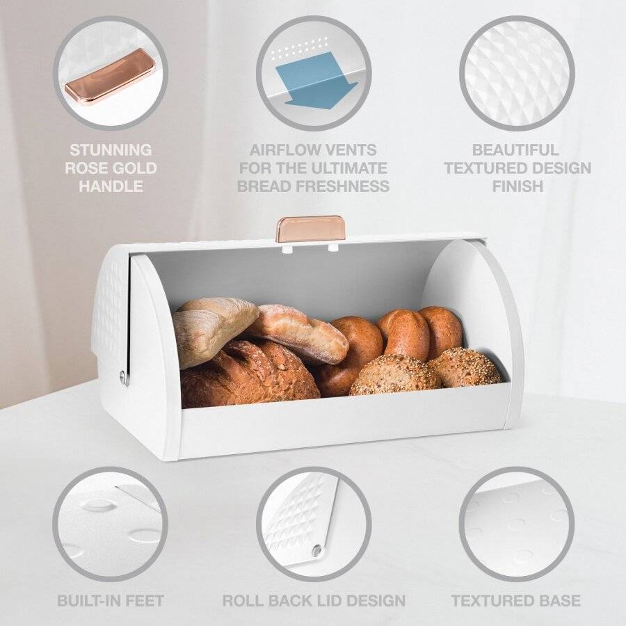 EHC Diamond Pattern Bread Storage White Roll-Top Bread Bin