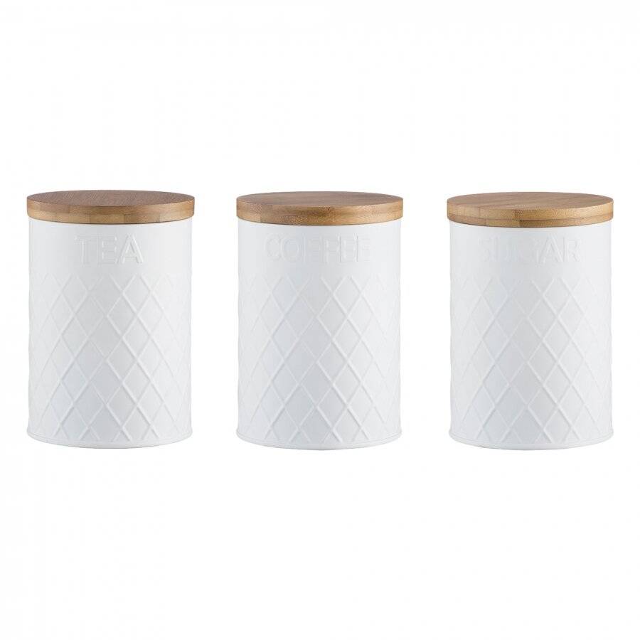 EHC Embossed 3 pcs Tea, Coffee & Sugar Canister Storage Set, White