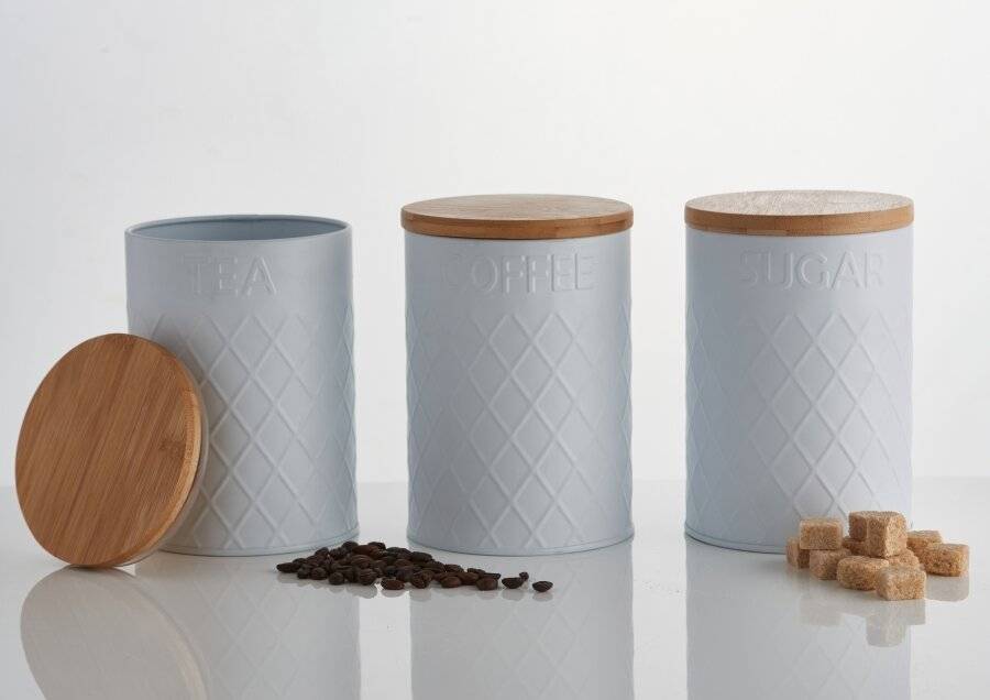 EHC Embossed 3 pcs Tea, Coffee & Sugar Canister Storage Set, White