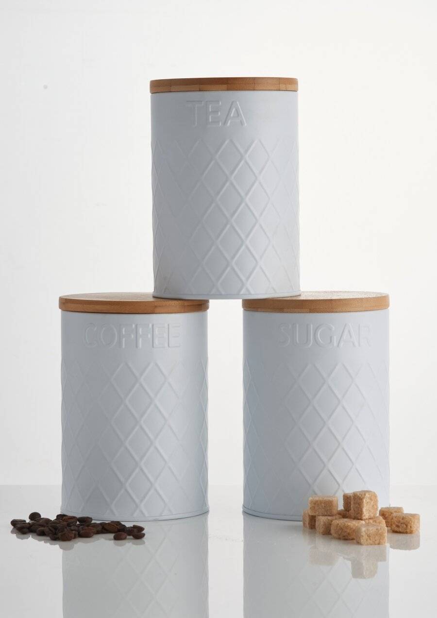 EHC Embossed 3 pcs Tea, Coffee & Sugar Canister Storage Set, White