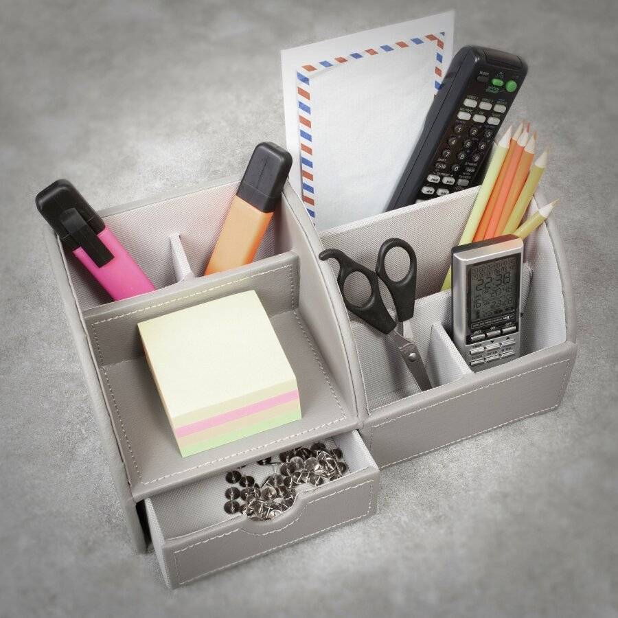 EHC Faux Leather Desk Stationery Storage Organizer - Grey