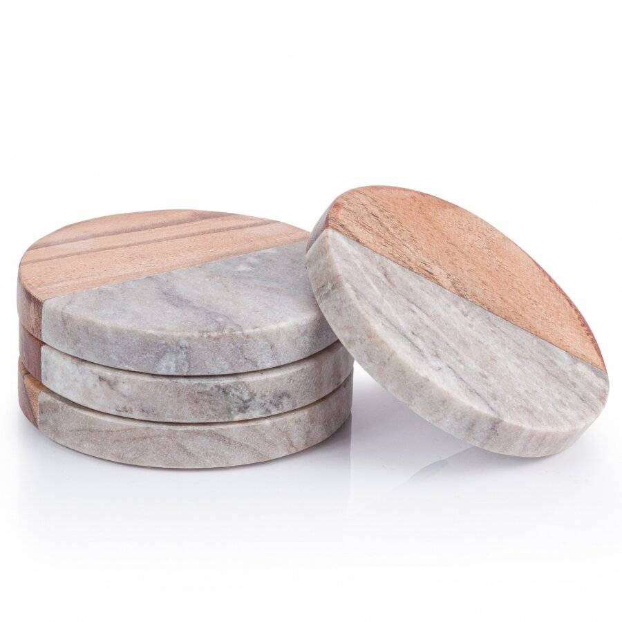 EHC Half & Half Set of 4 Wooden & Marble Coasters With Plastic Grip