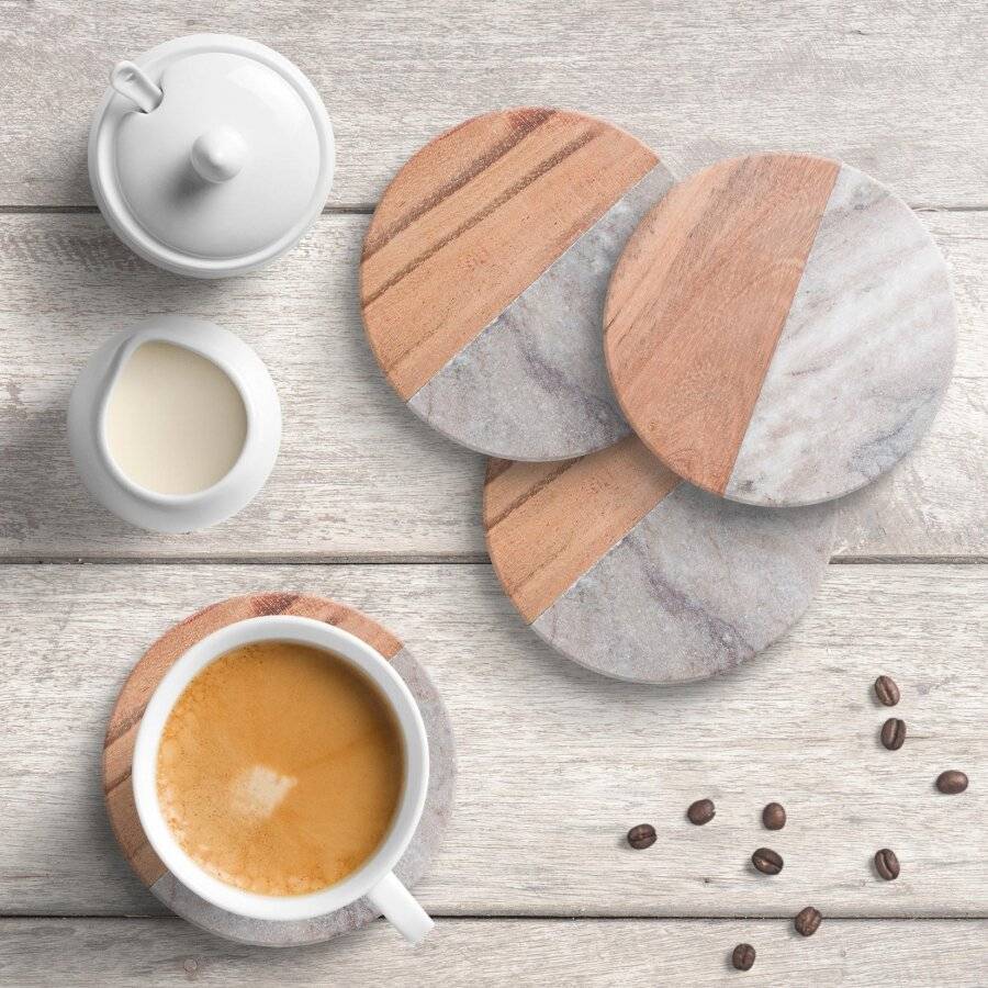 EHC Half & Half Set of 4 Wooden & Marble Coasters With Plastic Grip