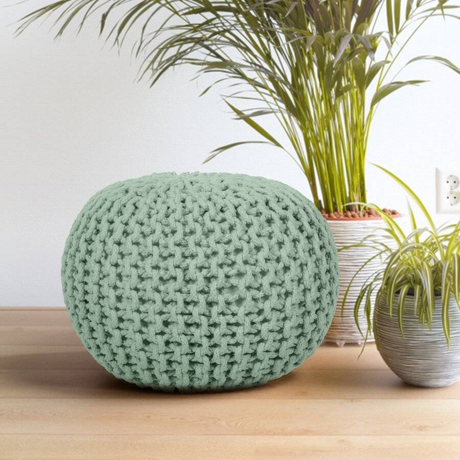 EHC Hand Knitted Double Braided Cotton Pouffe, 40 x 40 x 30 cm - Sage