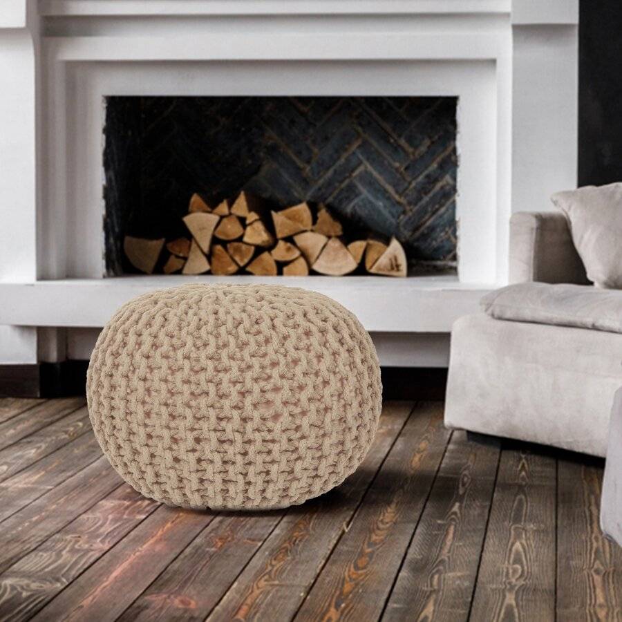 EHC Hand Knitted Double Braided Cotton Pouffe - Cappuccino