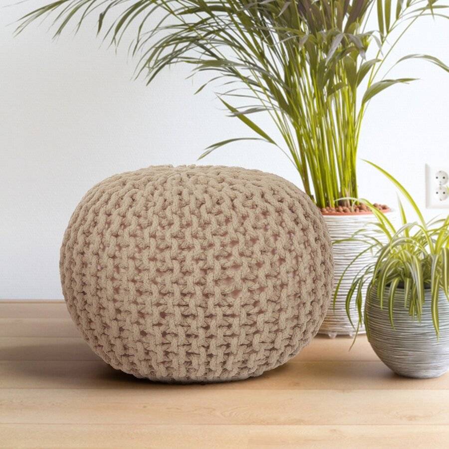 EHC Hand Knitted Double Braided Cotton Pouffe - Cappuccino