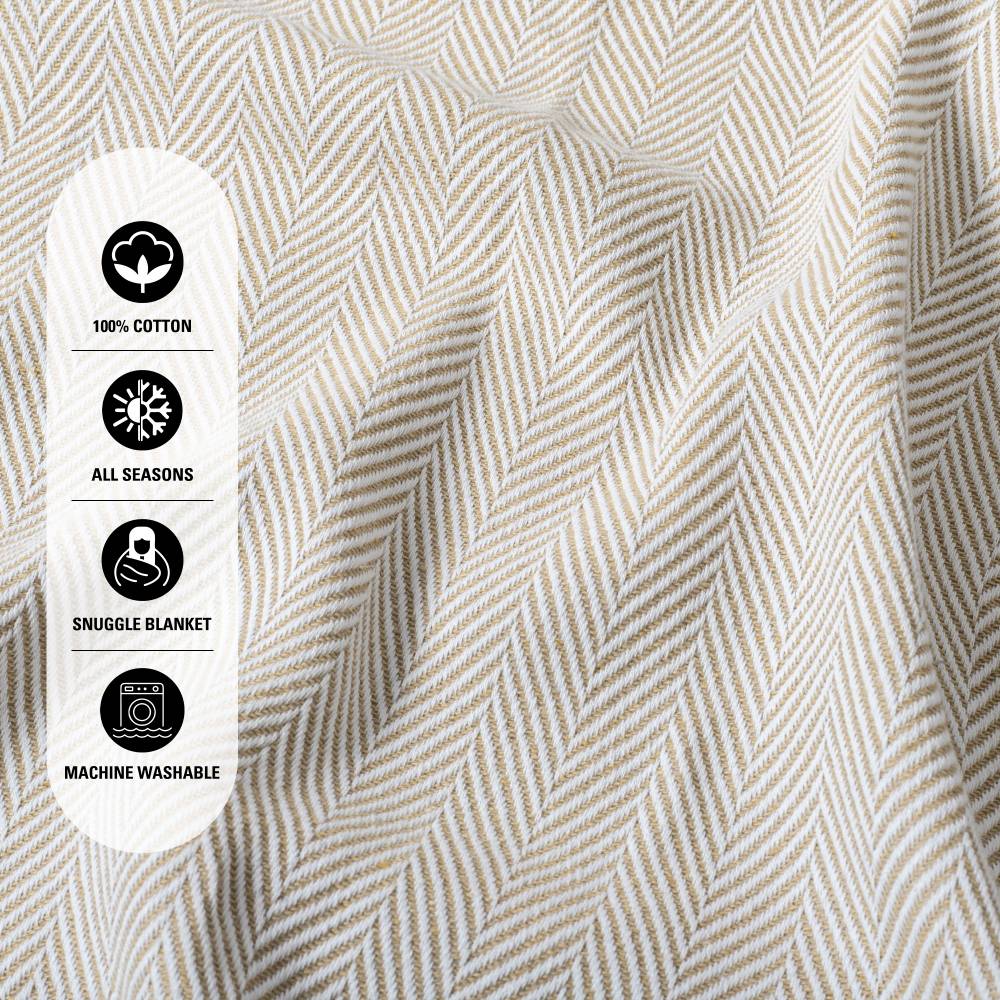 EHC Herringbone Pattern Cotton Throw Blanket, Beige, Single, 127x152cm