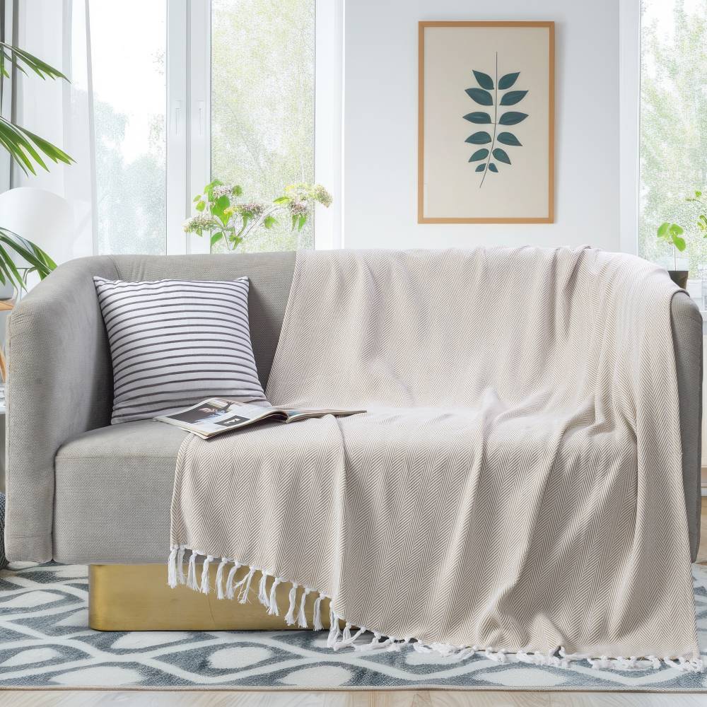 EHC Herringbone Pattern Cotton Throw Blanket, Beige, Single, 127x152cm