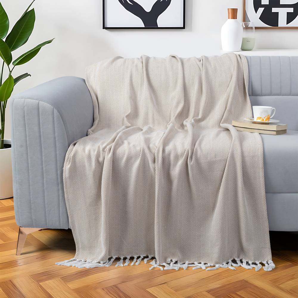 EHC Herringbone Pattern Cotton Throw Blanket, Beige, Single, 127x152cm