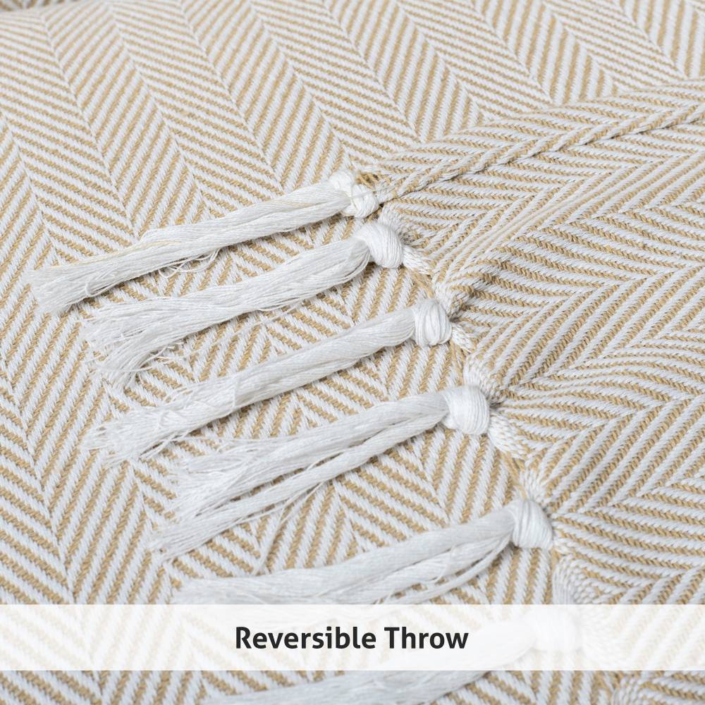 EHC Herringbone Pattern Cotton Throw Blanket, Beige, Single, 127x152cm