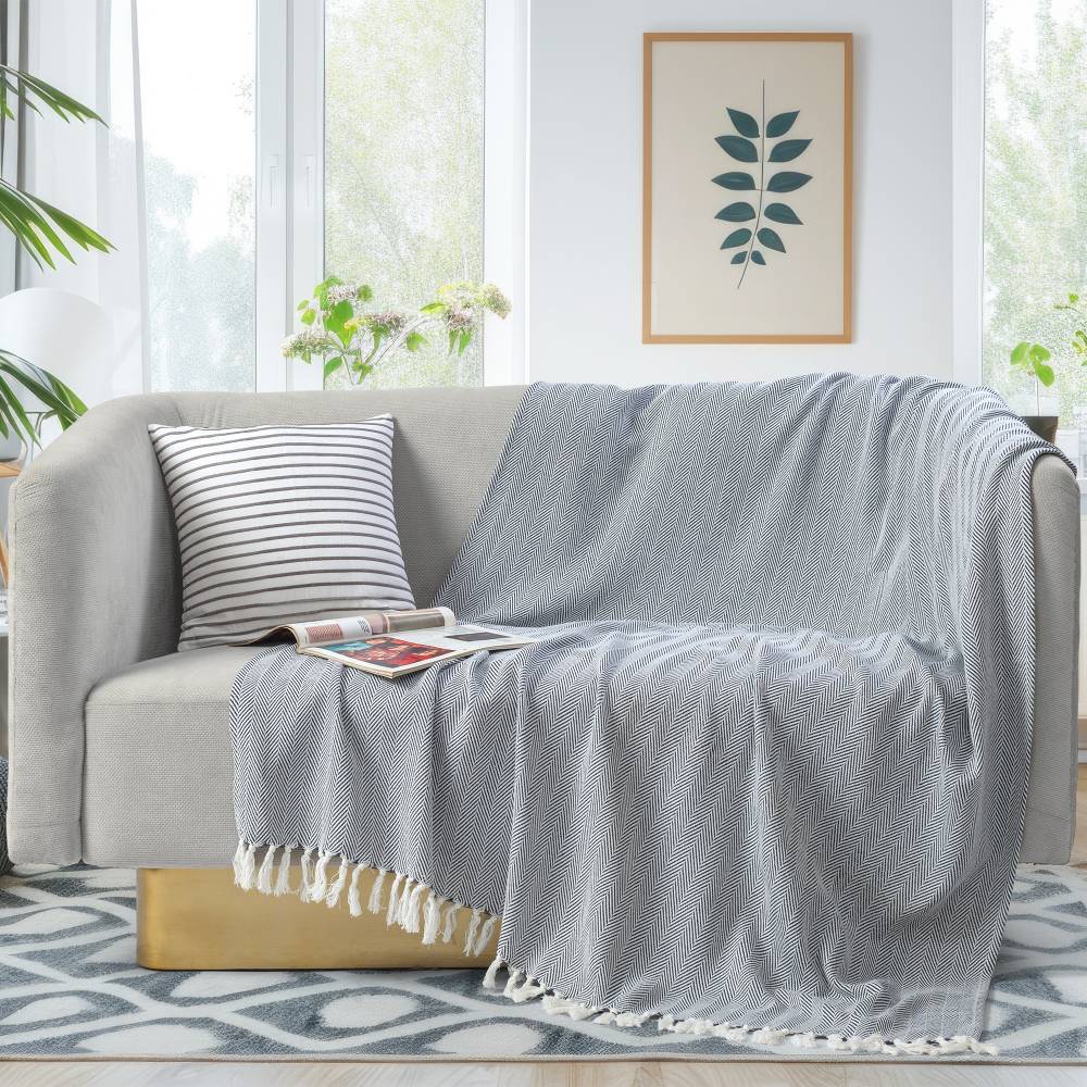 EHC Herringbone Pattern Cotton Throw Blanket, Navy Blue, 127 x 152cm