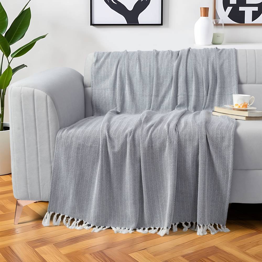 EHC Herringbone Pattern Cotton Throw Blanket, Navy Blue, 127 x 152cm