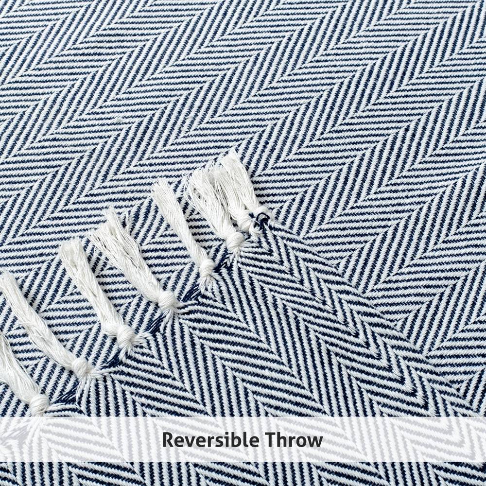 EHC Herringbone Pattern Cotton Throw Blanket, Navy Blue, 127 x 152cm