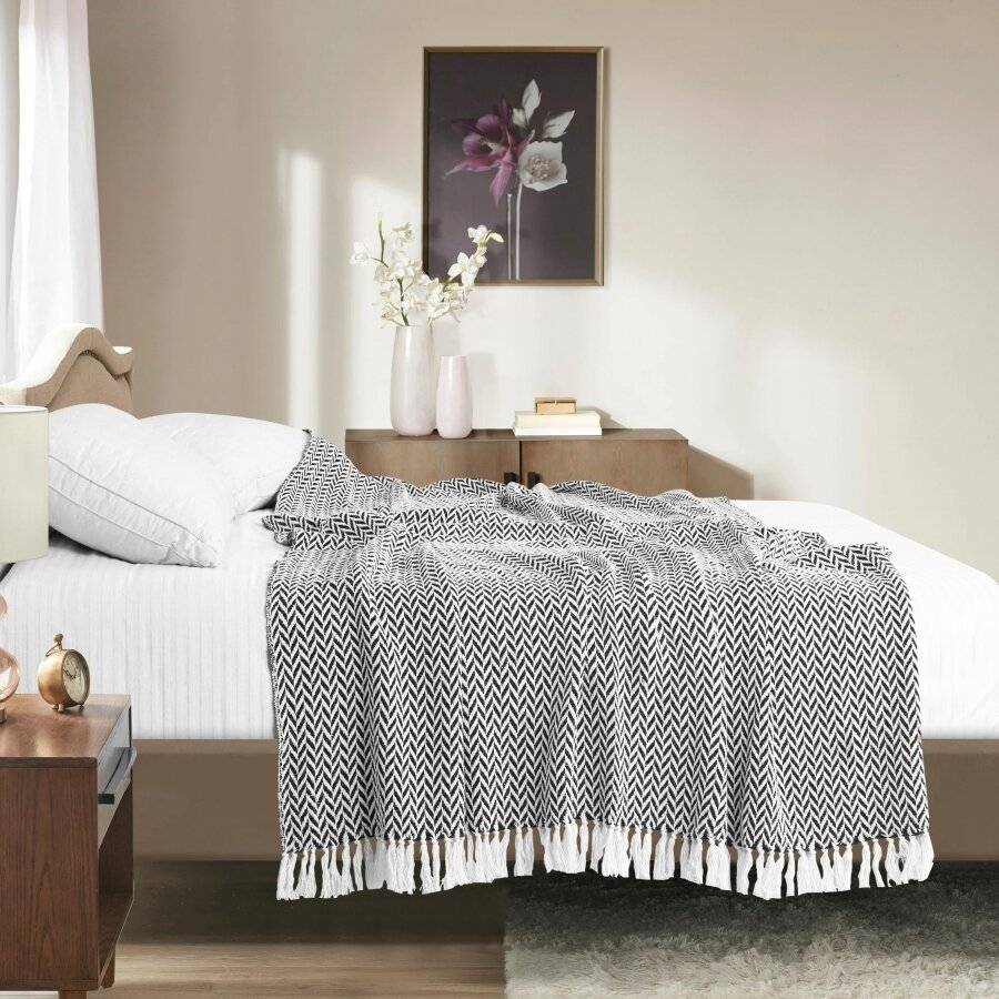 EHC Herringbone Soft Cotton Double Throw, 150 x 200 cm, Black