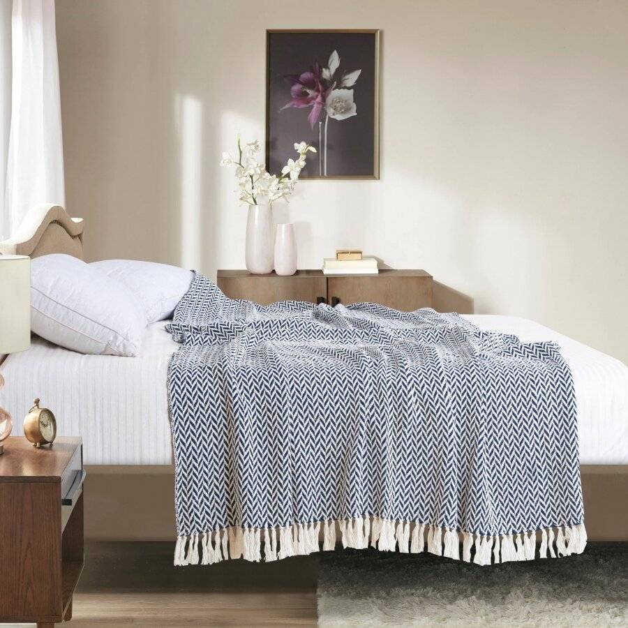 EHC Herringbone Soft Cotton Double Throw, 150 x 200 cm, Navy Blue