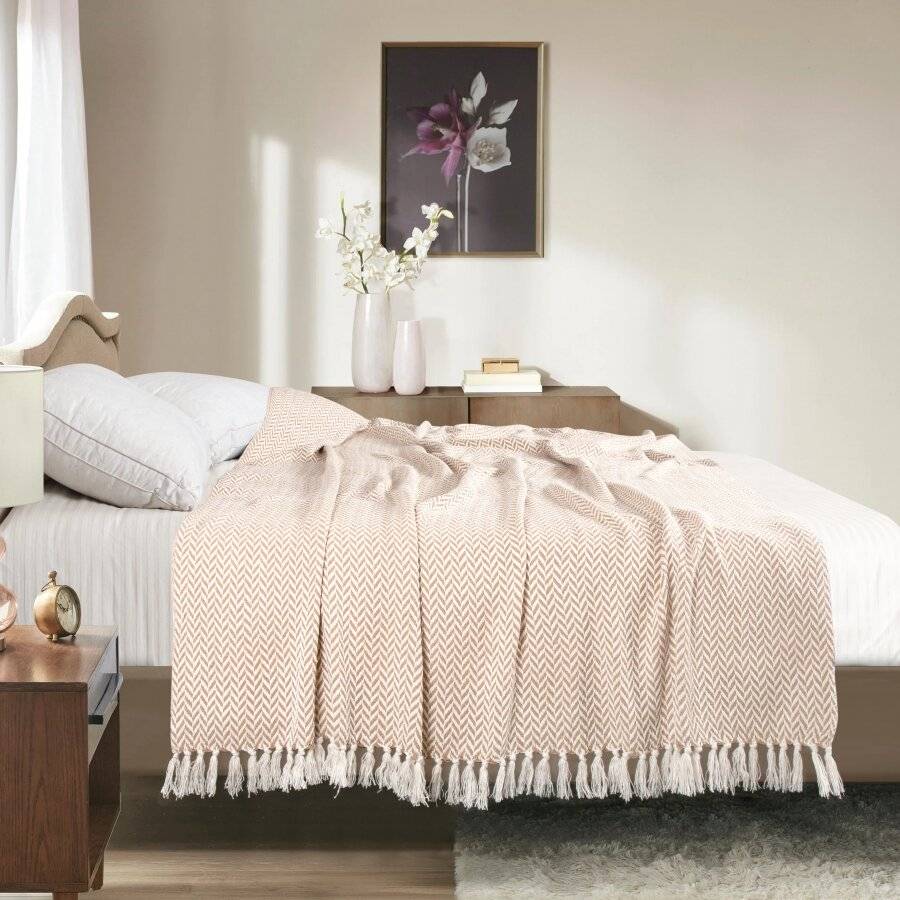 EHC Herringbone Soft Cotton Throw For Double Bed,150 x 200 cm, Beige