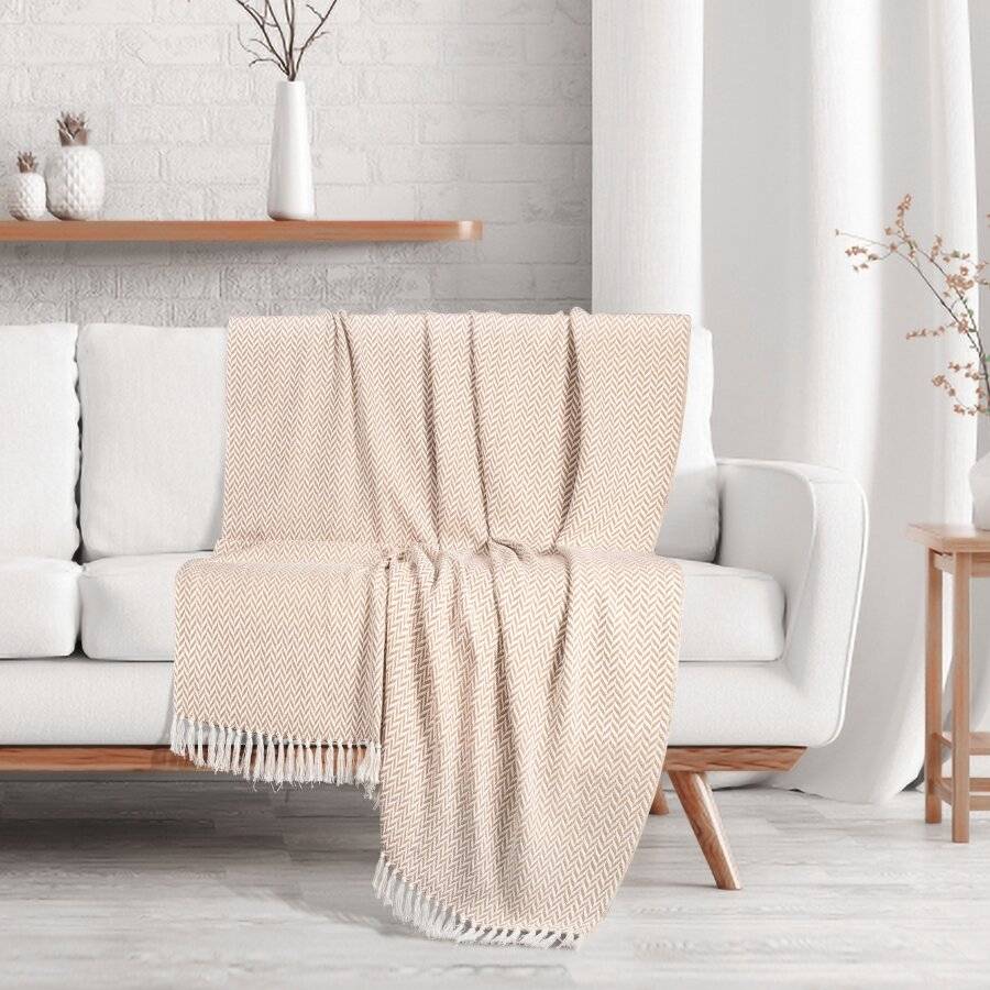 EHC Herringbone Soft Cotton Throw For Double Bed,150 x 200 cm, Beige