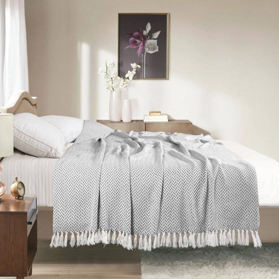 EHC Herringbone Soft Cotton Throw For Double Bed,150 x 200 cm, Grey