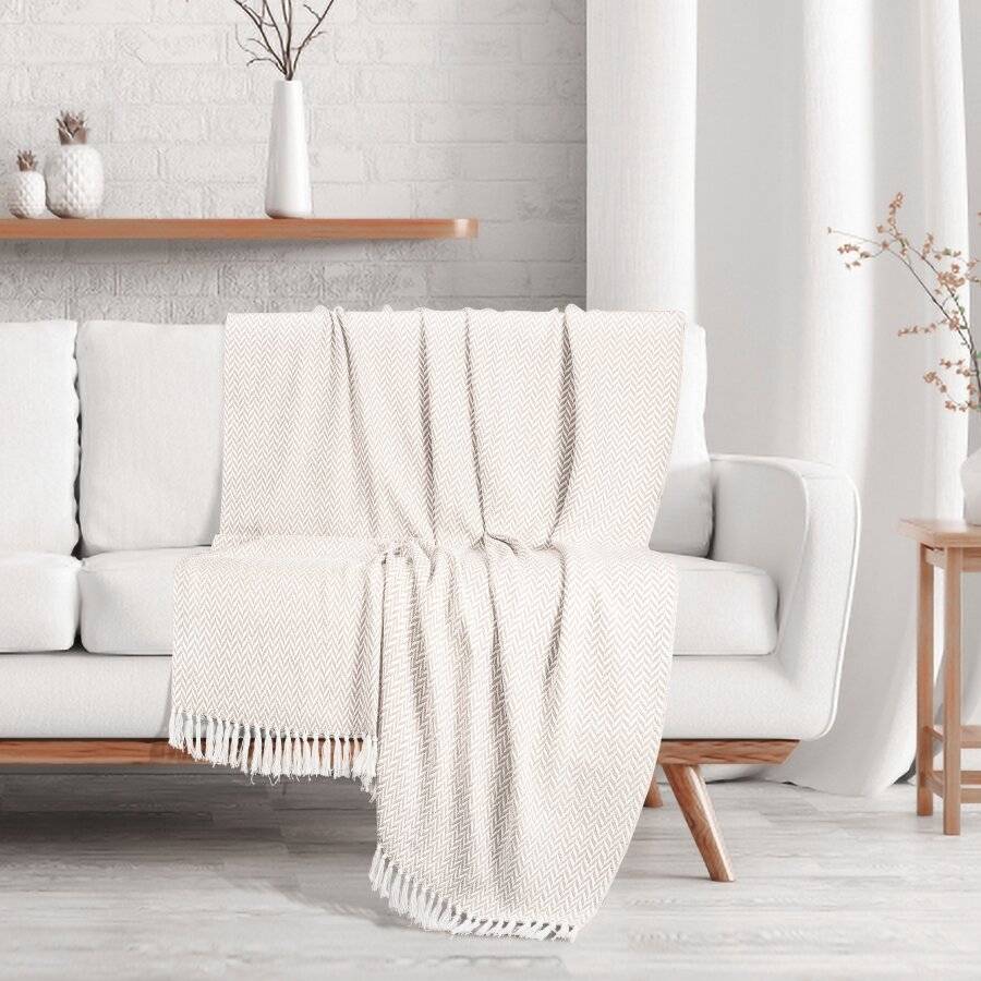 EHC Herringbone Soft Cotton Throw For Double Bed,150 x 200 cm, Ivory