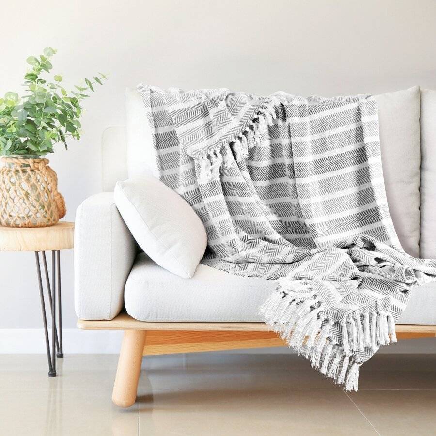 EHC Herringbone Stripe Soft Cotton Double Throw, 150 x 200 cm, Grey