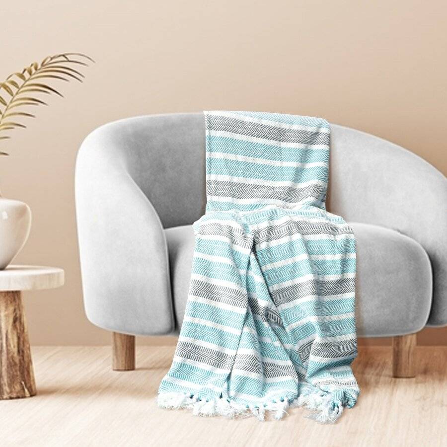 EHC Herringbone Stripe Soft Cotton Double Throw, 150 x 200 cm, Teal