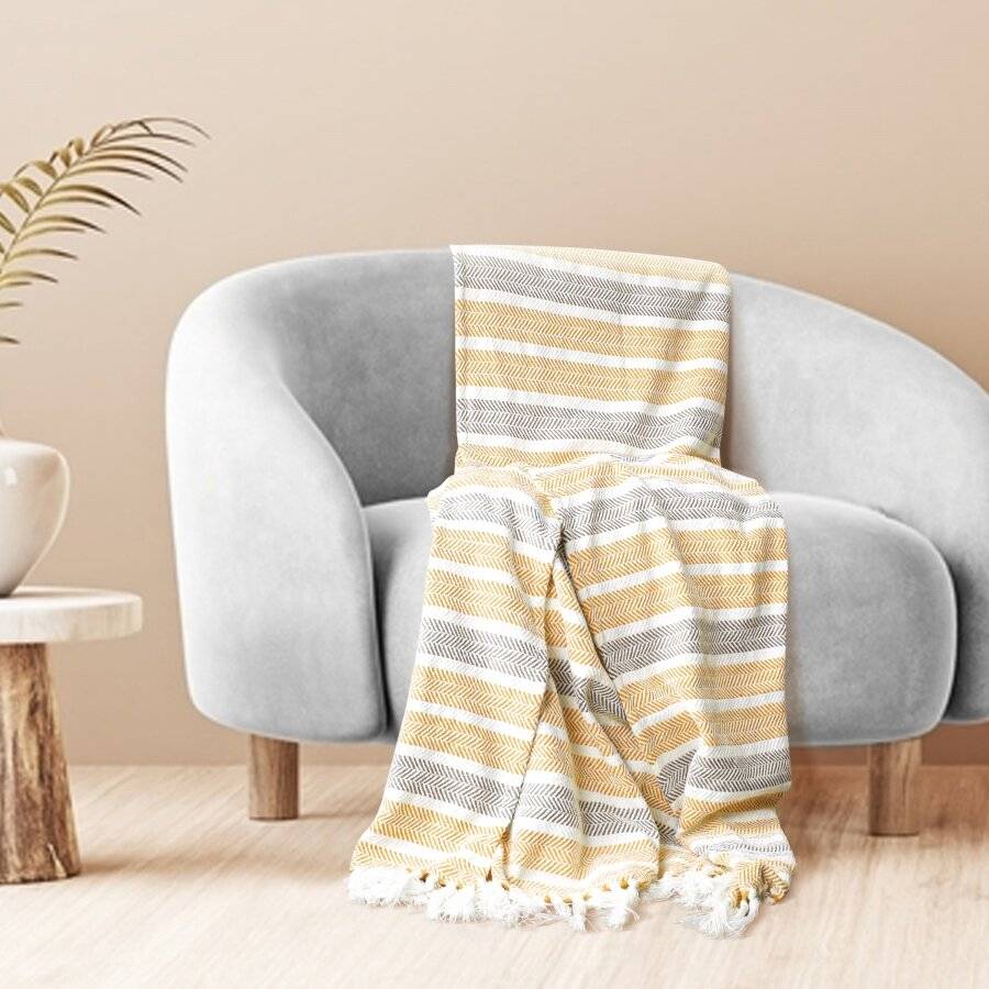 EHC Herringbone Stripe Soft Cotton Double Throw, 150 x 200 cm, Yellow