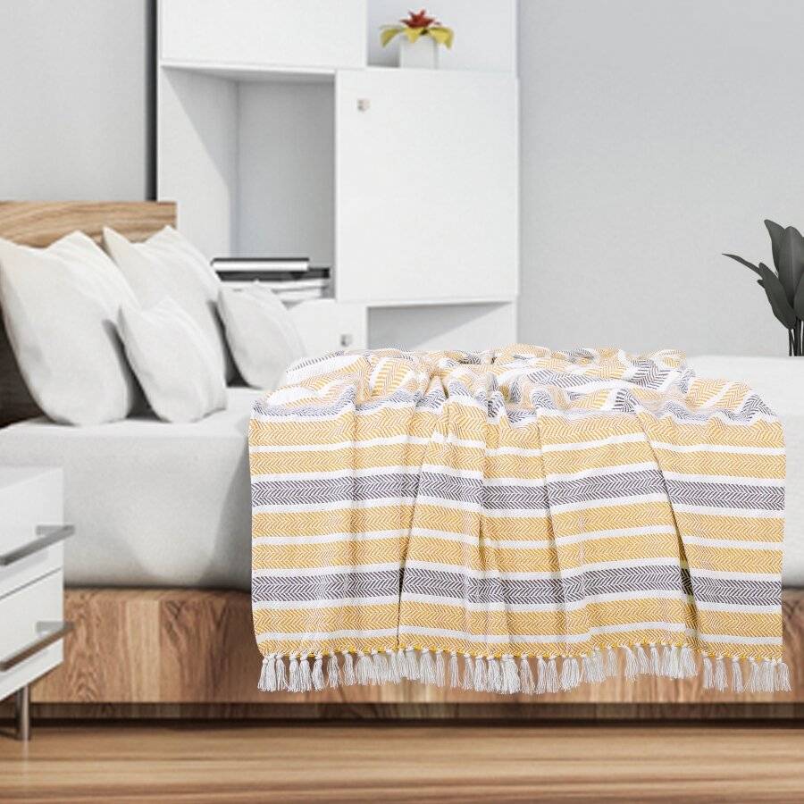 EHC Herringbone Stripe Soft Cotton Double Throw, 150 x 200 cm, Yellow