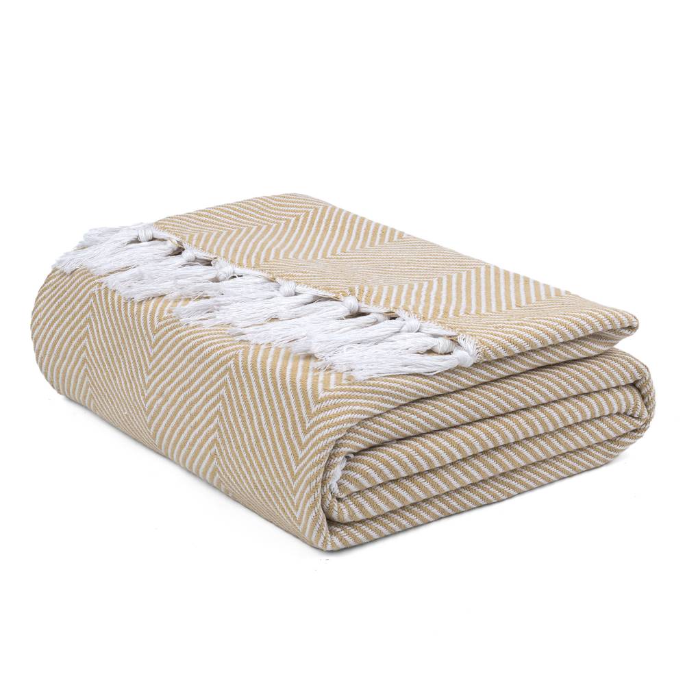 EHC Herringbone Twill Pattern Cotton Throw, Ivory/Beige,127 x 152 cm