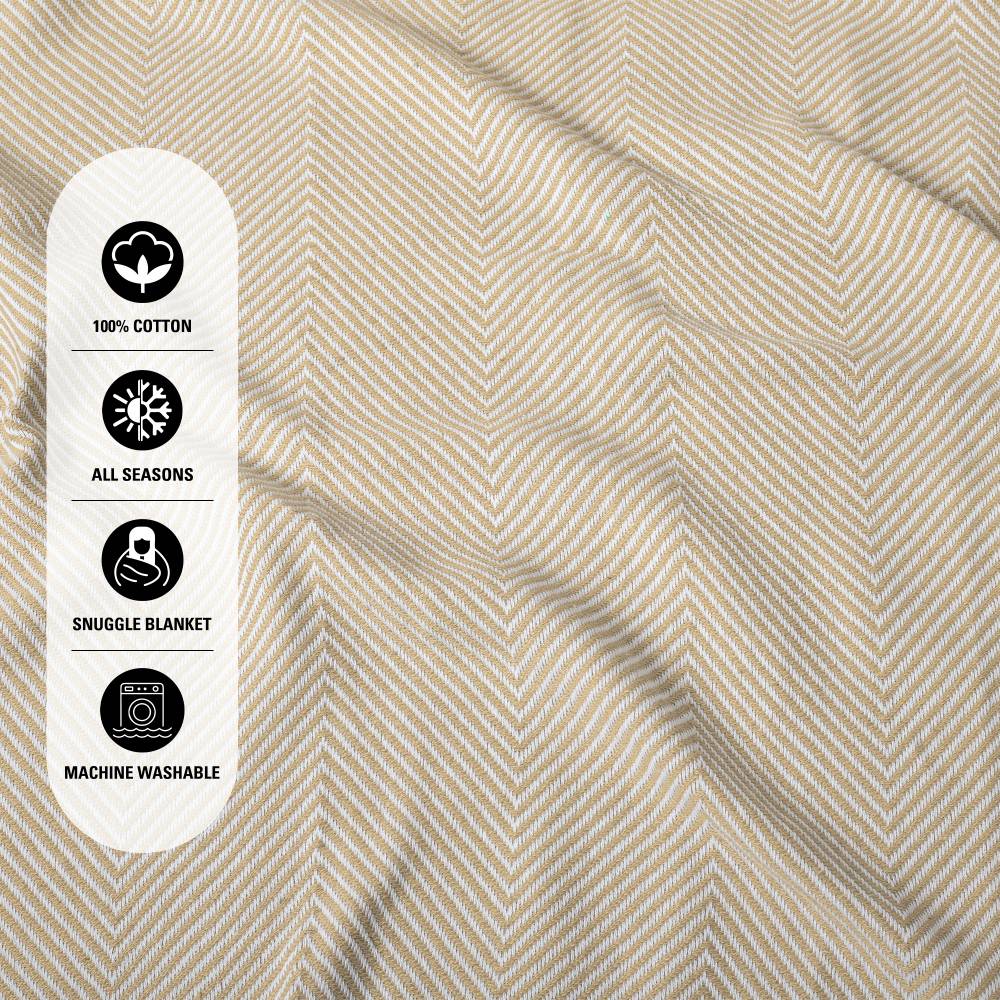 EHC Herringbone Twill Pattern Cotton Throw, Ivory/Beige,127 x 152 cm