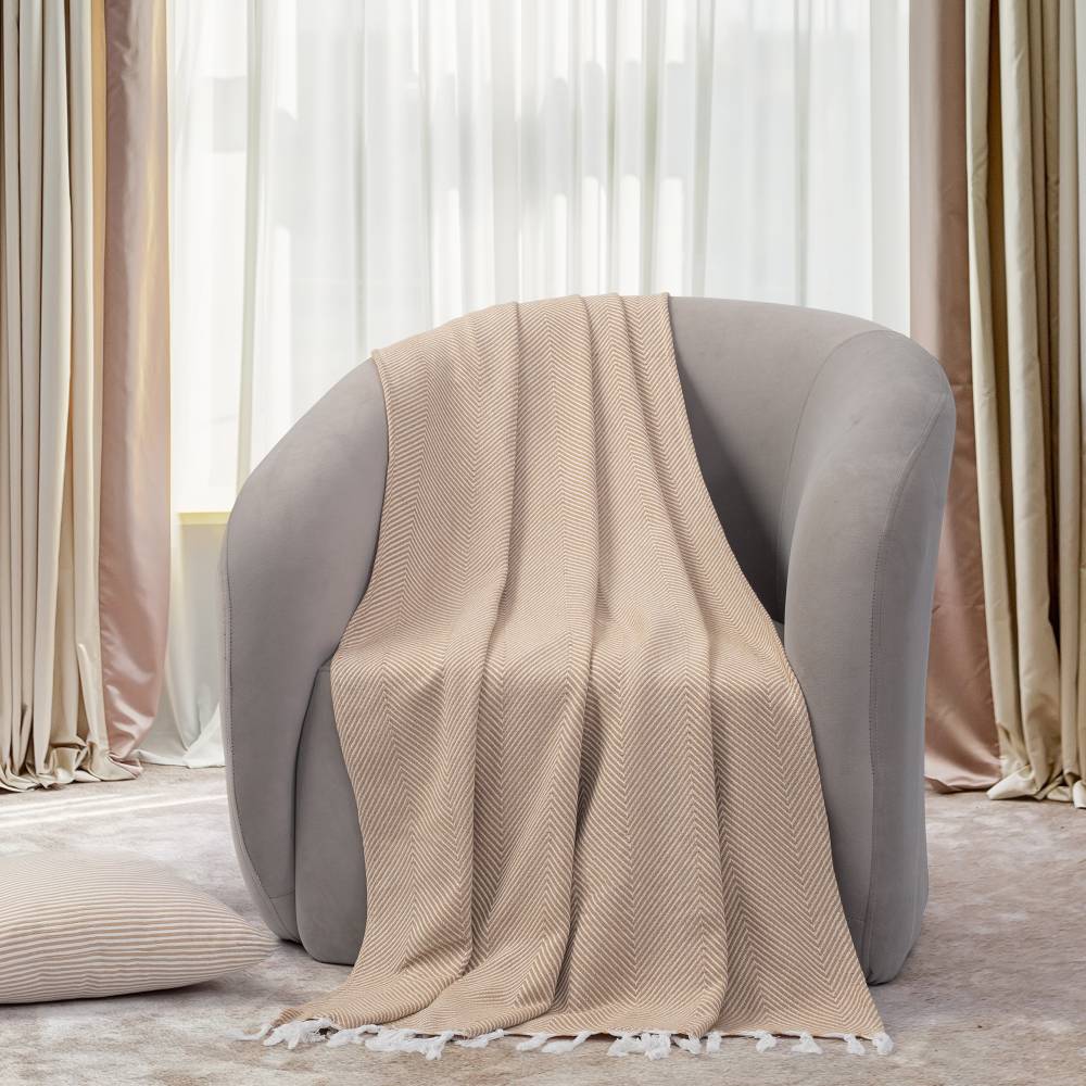 EHC Herringbone Twill Pattern Cotton Throw, Ivory/Beige,127 x 152 cm