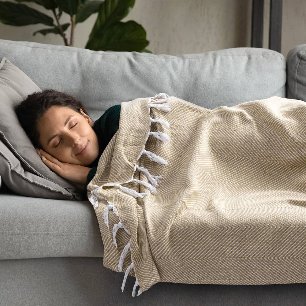 EHC Herringbone Twill Pattern Cotton Throw, Ivory/Beige,127 x 152 cm