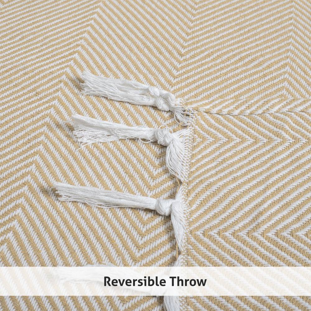 EHC Herringbone Twill Pattern Cotton Throw, Ivory/Beige,127 x 152 cm