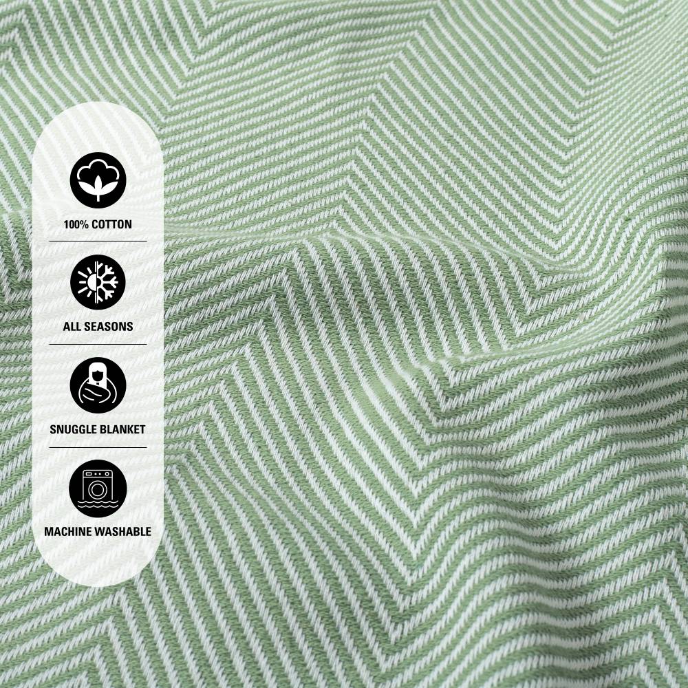 EHC Herringbone Twill Pattern Cotton Throw, Ivory/Green,127 x 152 cm