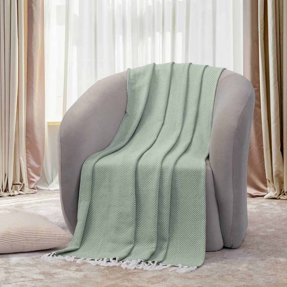 EHC Herringbone Twill Pattern Cotton Throw, Ivory/Green,127 x 152 cm