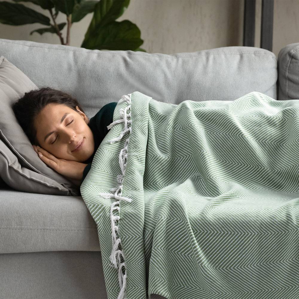 EHC Herringbone Twill Pattern Cotton Throw, Ivory/Green,127 x 152 cm