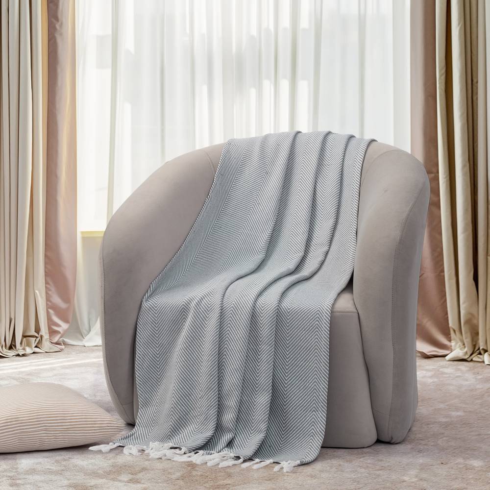 EHC Herringbone Twill Pattern Cotton Throw, Ivory/Grey, 127 x 152 cm