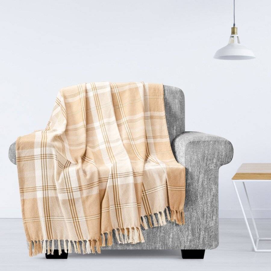 EHC Highland Large Cotton Throw For Bed, Sofa or Armchair, Beige