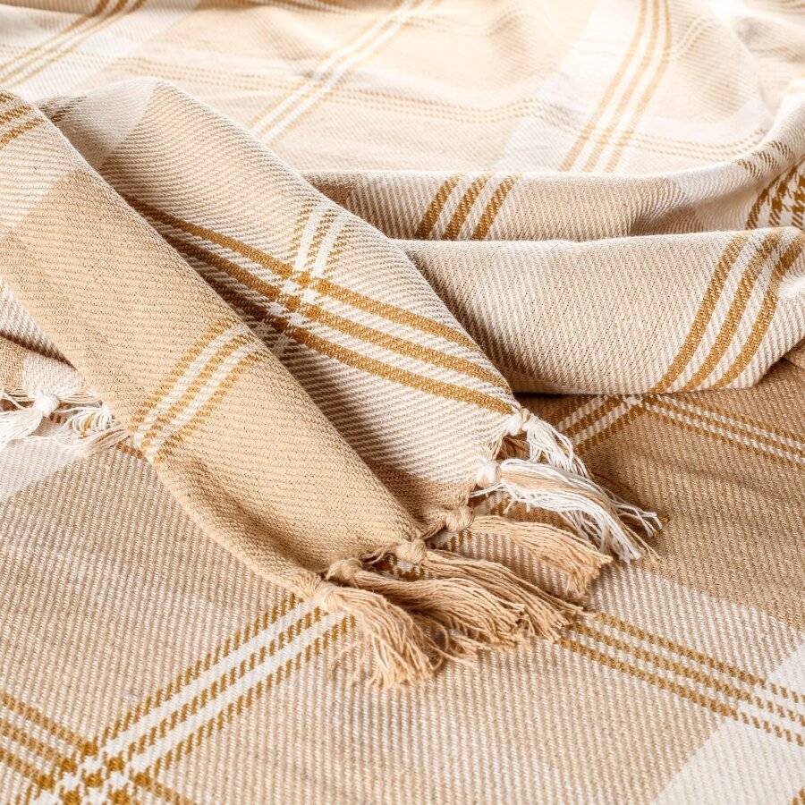 EHC Highland Large Cotton Throw For Bed, Sofa or Armchair, Beige